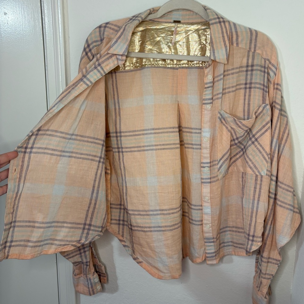 Free People Cutie Cropped Plaid Shirt Oversized Dolman Sleeve Top Size Medium - Picture 3 of 16